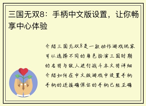 三国无双8：手柄中文版设置，让你畅享中心体验