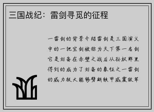 三国战纪：雷剑寻觅的征程