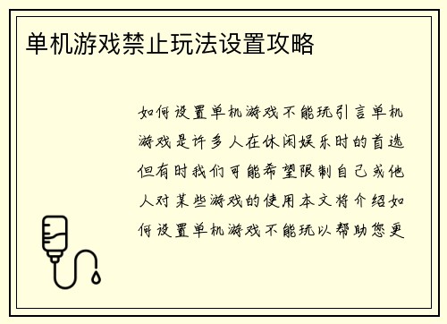 单机游戏禁止玩法设置攻略