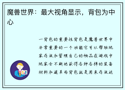 魔兽世界：最大视角显示，背包为中心